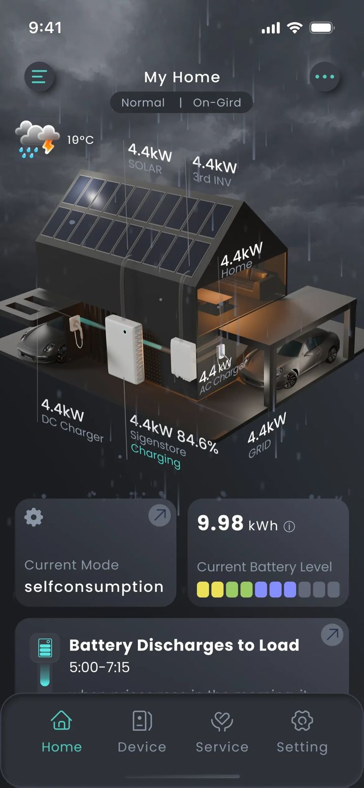 Sigenergy app demo screen showing a 3D home with live solar, SigenStor battery, home, EV chargers and grid, plus current mode and battery level.